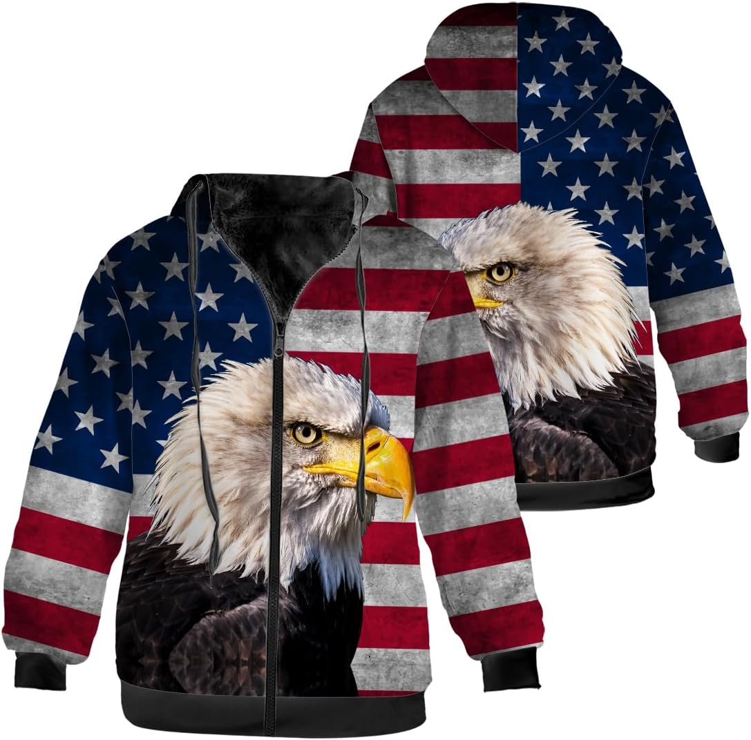 American Flag Eagle Patriotic Fleece Full Zip Up Jacket Winter Coats for Women Men