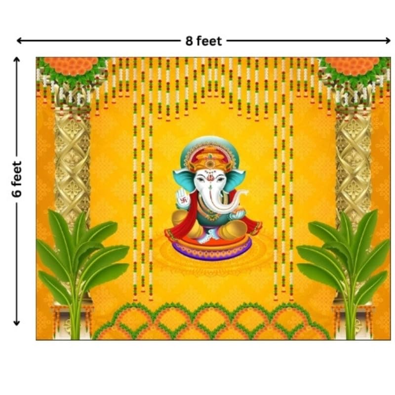 Image of Traditional Yellow Festival Decoration Backdrop with Floral Garlands and Festive Elements
