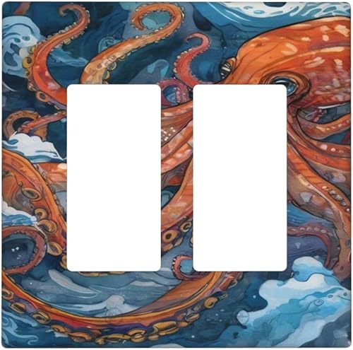 Retro Pulpo Rojo Monstruo Blue Sea Wave Outlet Cubiertas Doble Rocker Interruptor de Luz Decorativa 2 Gang Gfci Placa de Pared Receptáculo Eléctrico