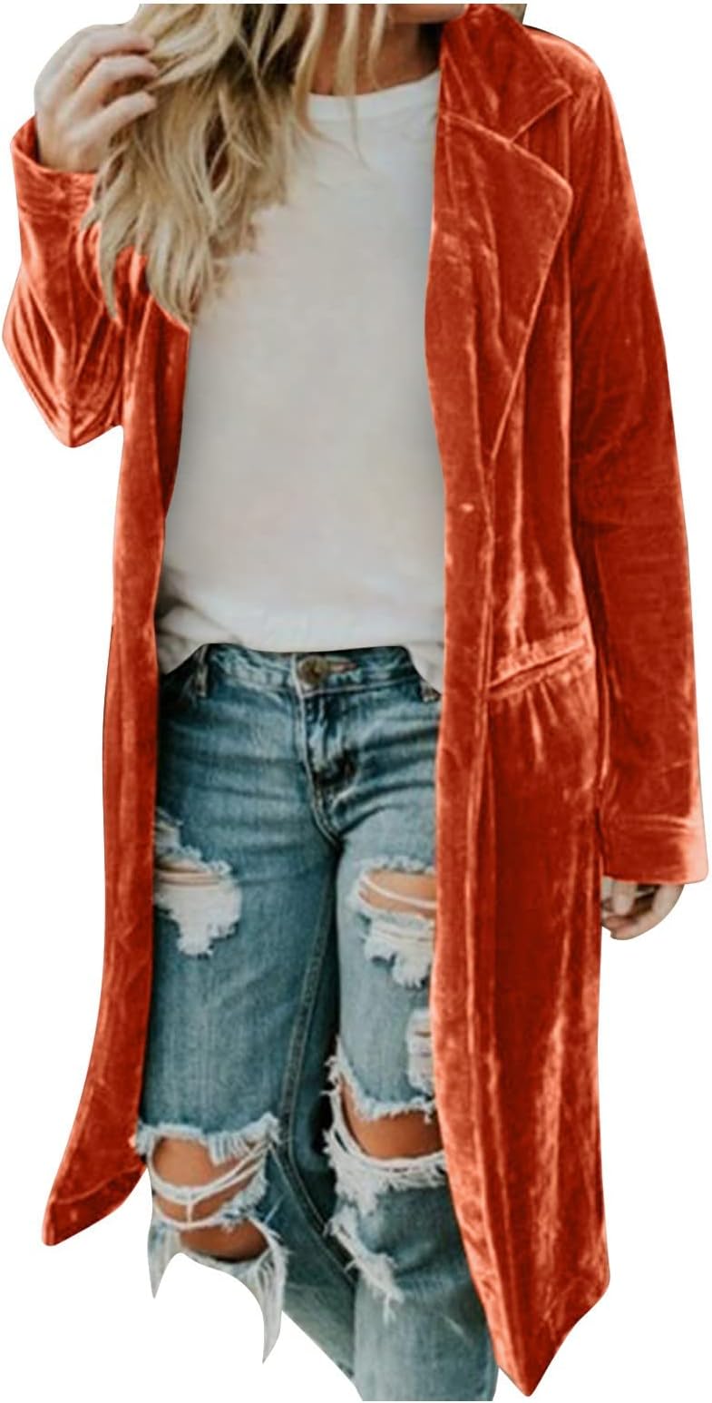 CenlangWomen's Solid Long Sleeve Velvet Jacket Casual Lapel Collar Open Front Cardigan Coat with Pockets Long Outerwear