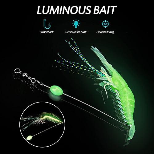 Miniatura 5 de Juego de 10 señuelos de pesca de agua salada para camarones, aparejos de pesca de camarones suaves de alta calidad con ganchos afilados luminosos,