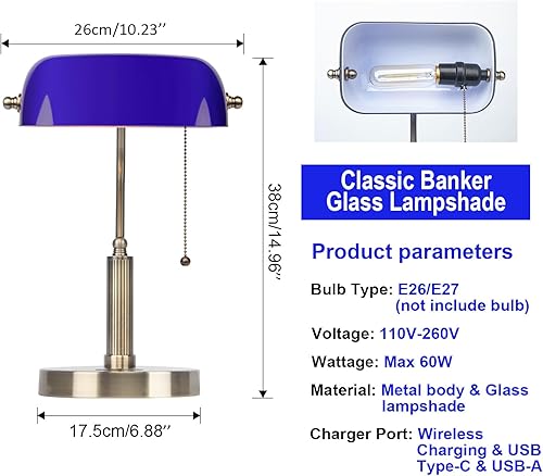 Miniatura 2 de FIRVRE Lámpara de escritorio Bankers con 2 USB y puerto de carga inalámbrica, interruptor de cadena azul lámpara de mesa de vidrio, base E26,