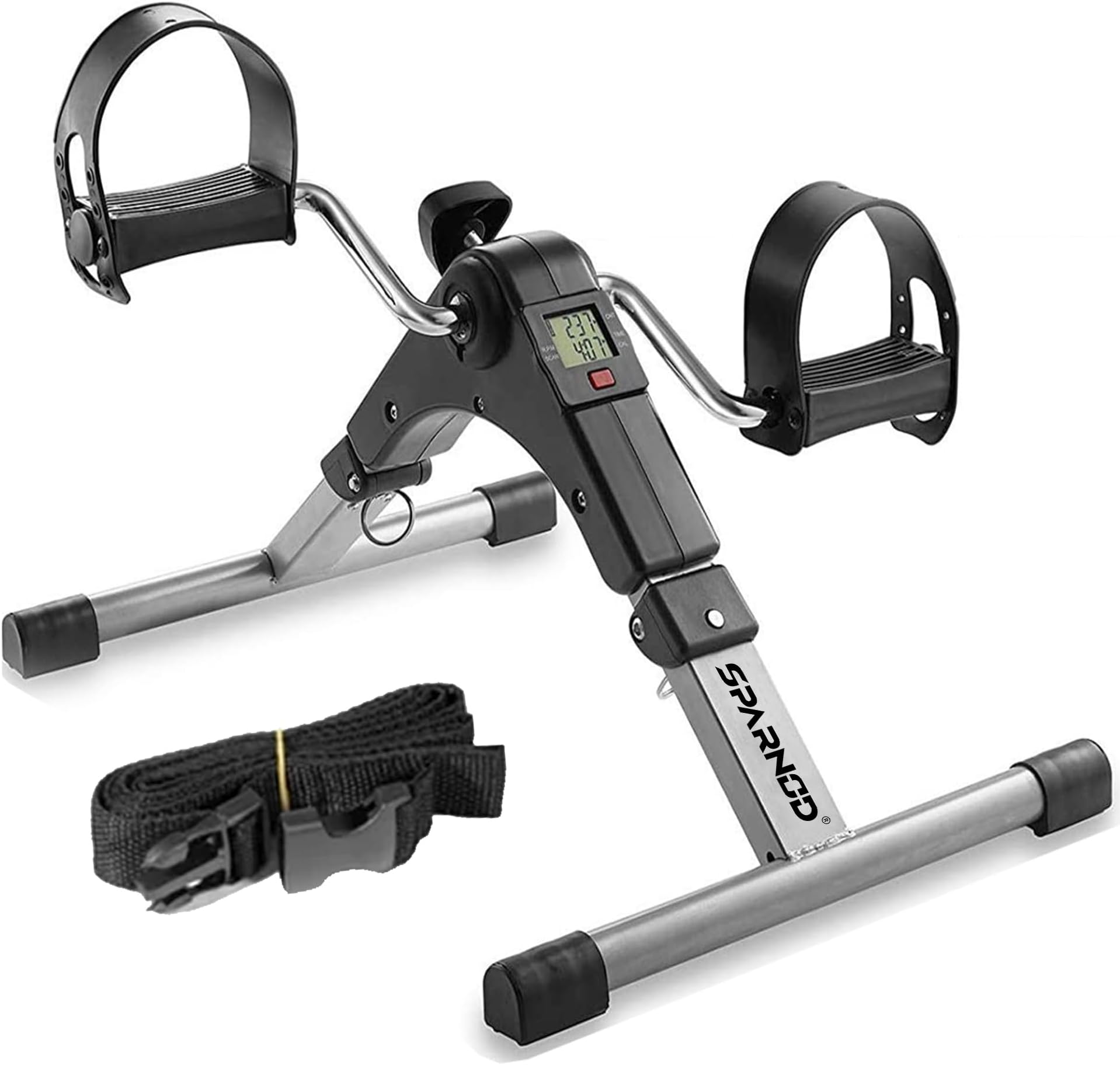 SPARNOD FITNESS SMB-100 Mini Cycle Pedal Exerciser with Fixing Strap, Adjustable Resistance and Digital Display - Suitable for Light Exercise of Legs, Arms, and Physiotherapy at Home