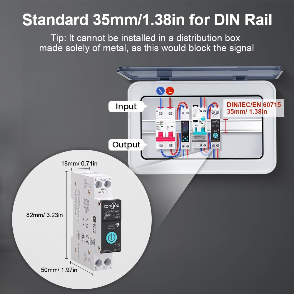 DIY 1P+N Smart Wi-Fi Switch, Work with Alexa and Google Assistant for Voice Control, 25A with Energy Monitor, Smart Life/Tuya APP Remote Control, Timer Functions, DIN Rail Mounted,FCC Certified