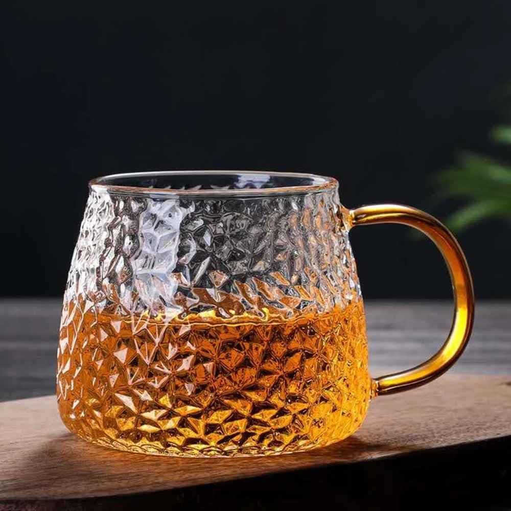 Gcrox Tea and Coffee Cup Glass Mug, Used for Tea, Coffee, Green Tea, Lemon Tea Cup with Handle Golden (400ml, Set of 1)