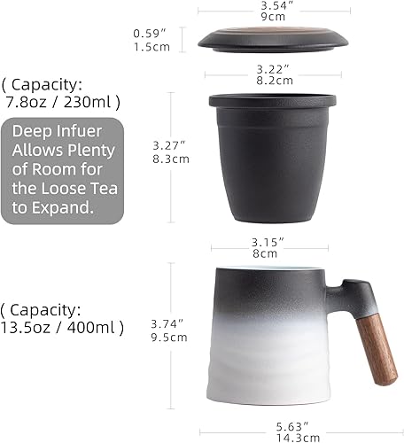 Miniatura 4 de ZENS Taza de té con infusor y tapa, 13.5 onzas, taza de té suelta en relieve degradado, taza de té de cerámica con mango de palisandro para regalos,