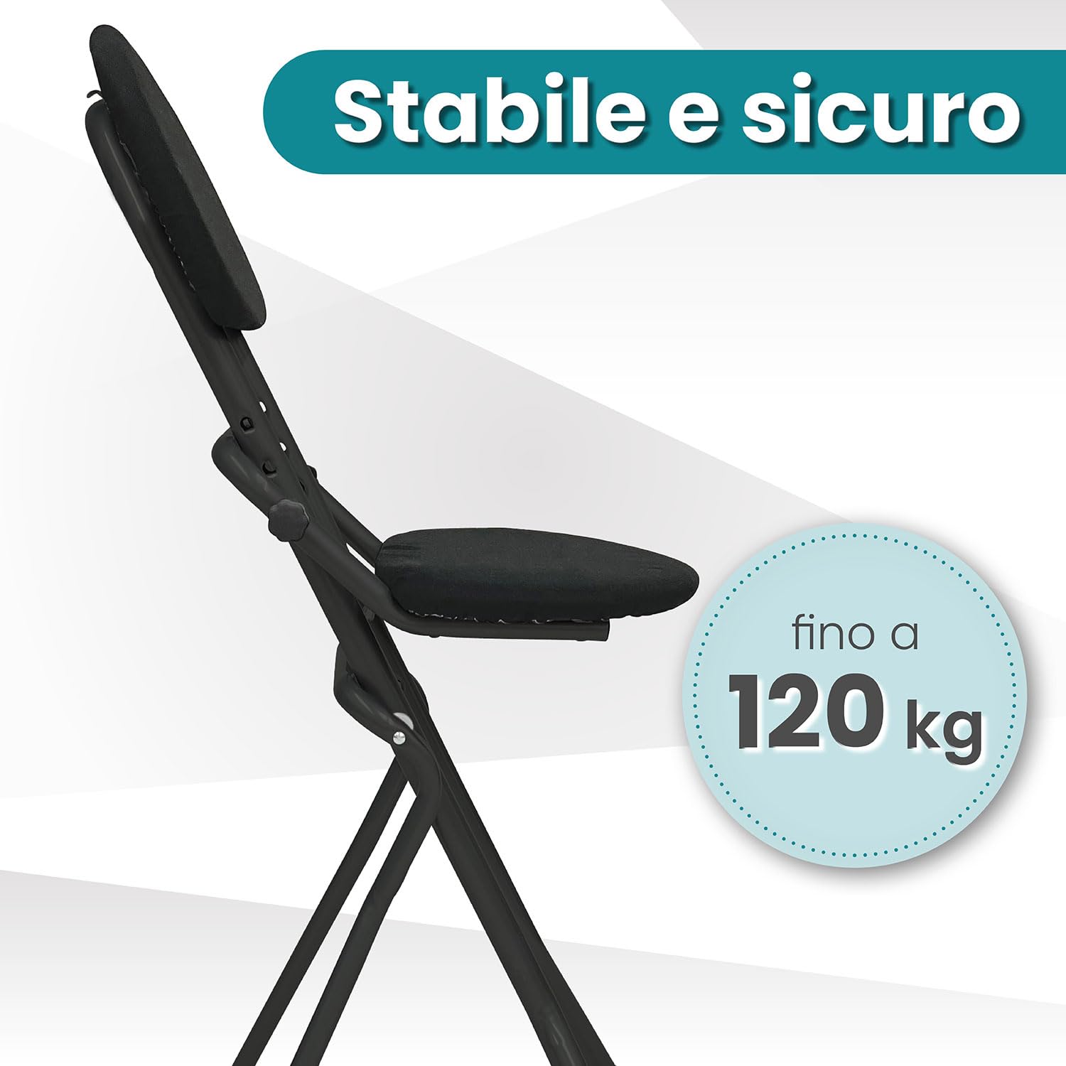 ELONEO Sedia Pieghevole Imbottita - Antiscivolo e Salvaspazio, Sgabello per Stirare, Cucinare o Giardinaggio, 3 Altezze Regolabili (58-65cm), Portata 120kg, Dimensioni 45x98x47cm (Nero)