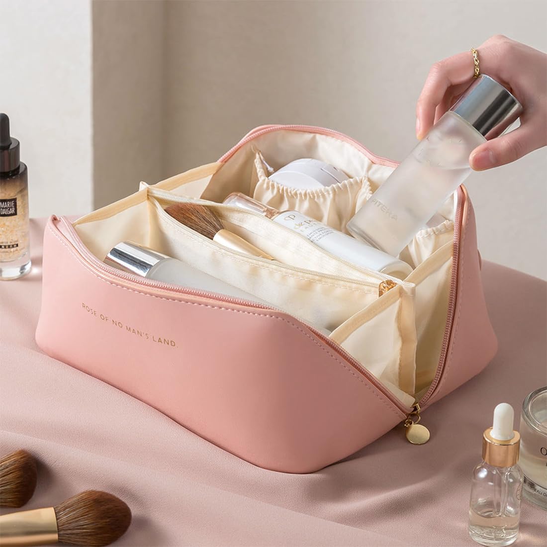 Trousse de Toilette Voyage Grande Capacité Imperméable PU Rose avec Poignée