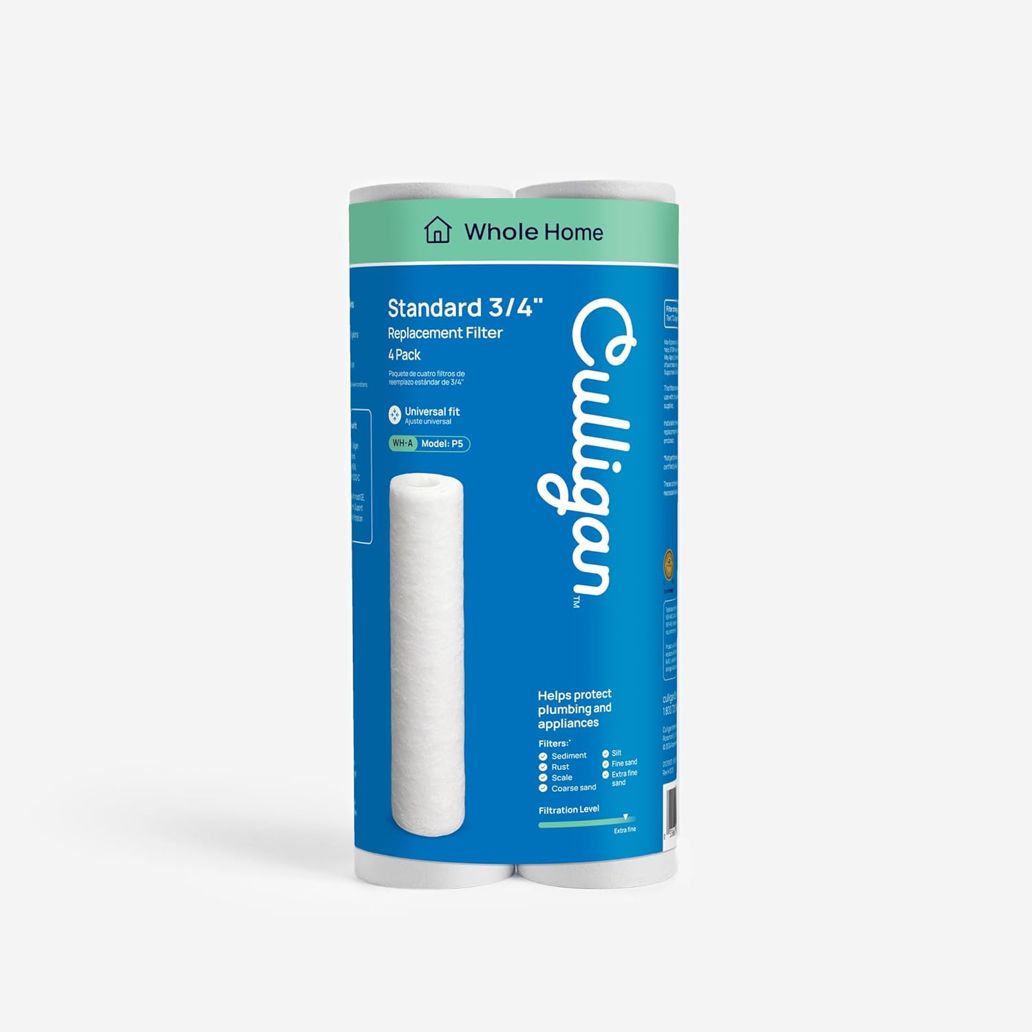 Culligan P5 Whole House Water Filter - Premium Water Filter Reduces Sediment, Dirt & Scale Particles for Clean Drinking Water - 8,000 Gallons, Value 4-Pack, White