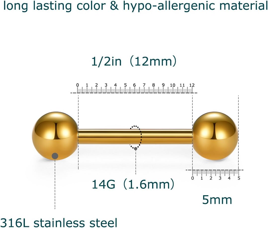 VCMART 12mm-18mm 14G Tongue Rings Nipple Straight Barbells Surgical Steel Body Piercing Jewelry - Image 3
