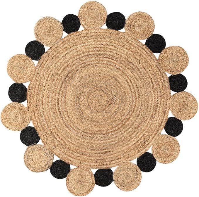 Round Jute Area Rug with Decorative Pattern Design, Handwoven Natural Jute Rug for Living Room Bedroom Entryway Indoor Floor Carpet