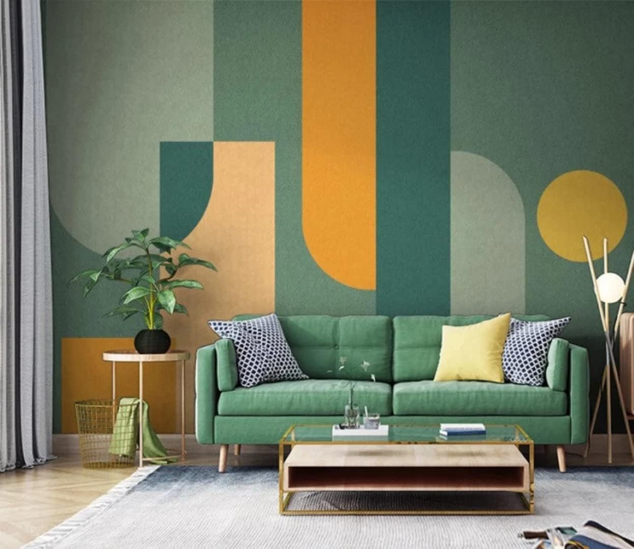 Green Orange Geometric Wallpaper Shapes Wall Paper Home Decoration Minimalistic Removable 100" H X 150" W