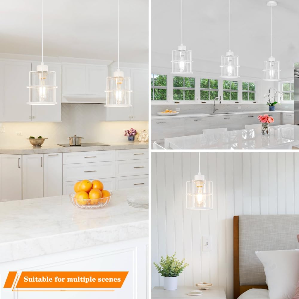 Modern White Industrial Pendant Light Fixtures Set of 2, Clear Glass Cage Pendant Light Kitchen Island, Adjustable Cord Hanging Light for Kitchen Island Decor, Over Sink Lighting Fixtures for Bathroom