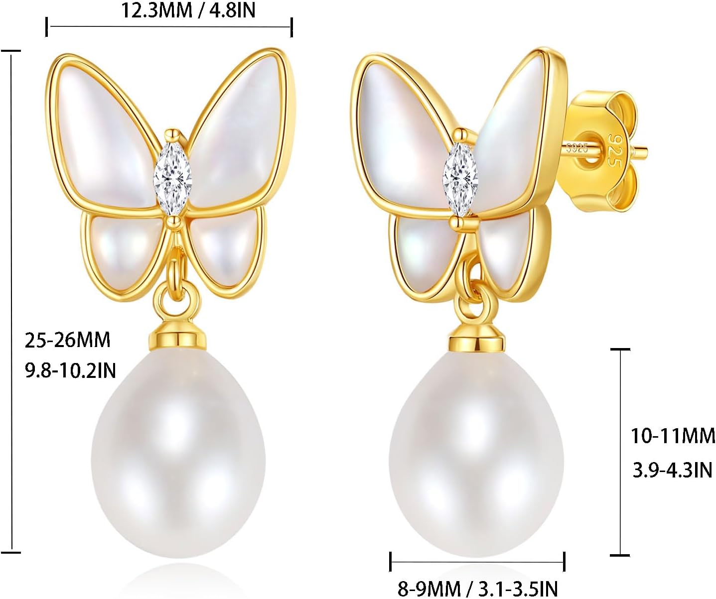 YAMI Butterfly Gold Earrings 925 Sterling Silver Hypoallergenic Women's Butterfly Pearl Earrings Freshwater Cultured Pearls Drop Pearl Dangle Earrings Jewelry Gifts for Women - Image 5