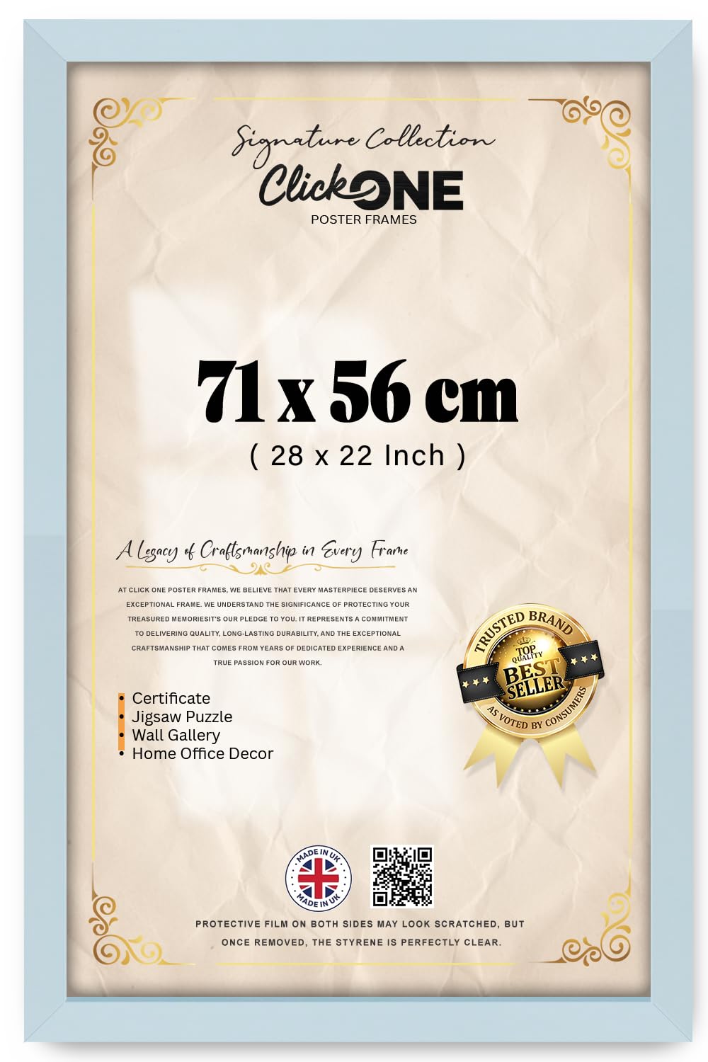 Click One Sophisticated Poster Frame 71 X 56 CM 28 X 22 Inch Light Grey With Clear Perspex Front For Crisp Display Of Paintings And Photos In Living Room Bedroom And Office With Easy Mounting