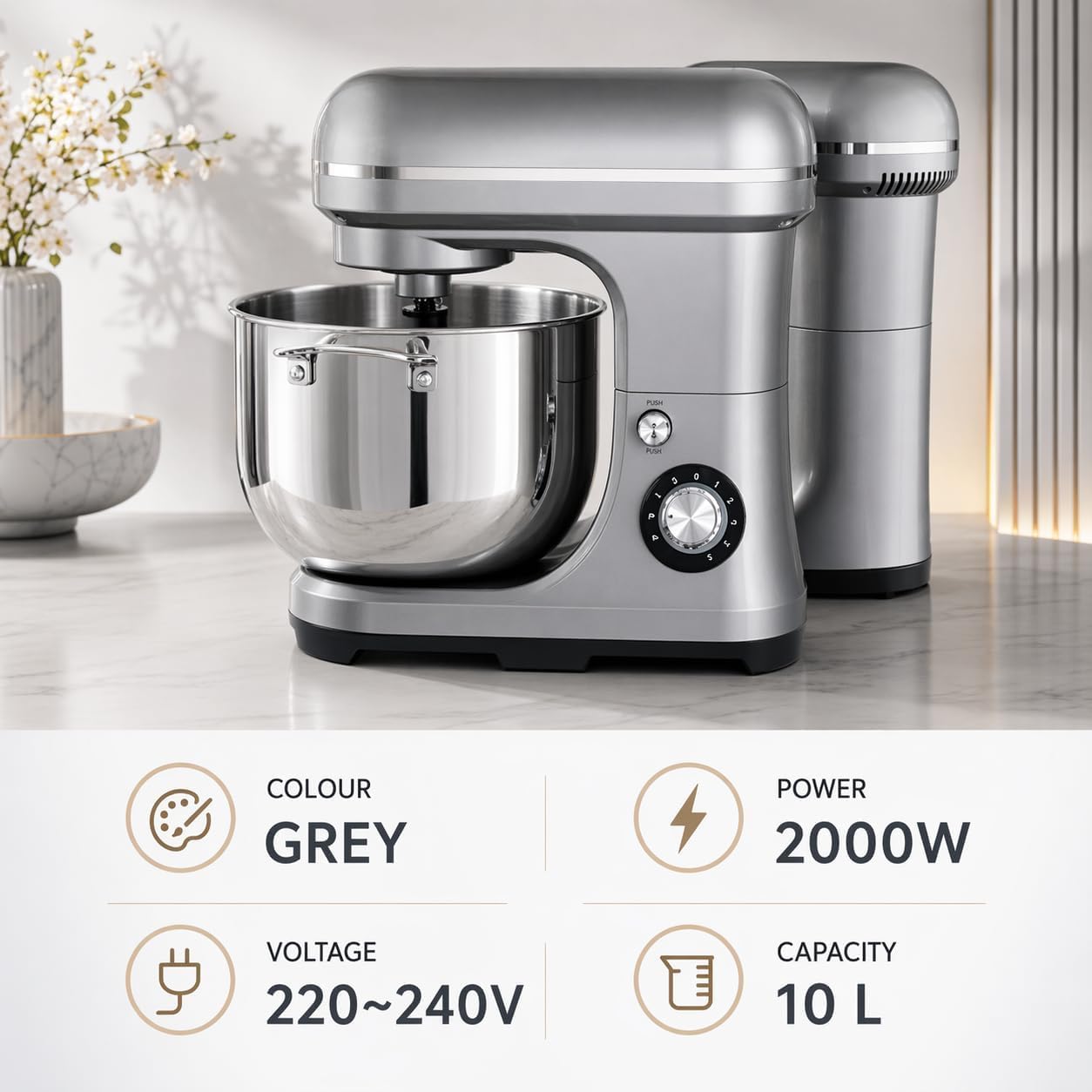 Impastatrice Professionale 2000W, 10L | Gancio Impasto, Ciotola Inox 8 velocità per Panifici, Ristoranti, Pizzerie | Attrezzatura Cucina Heavy Duty Professionale | Set Accessori 3-in-1