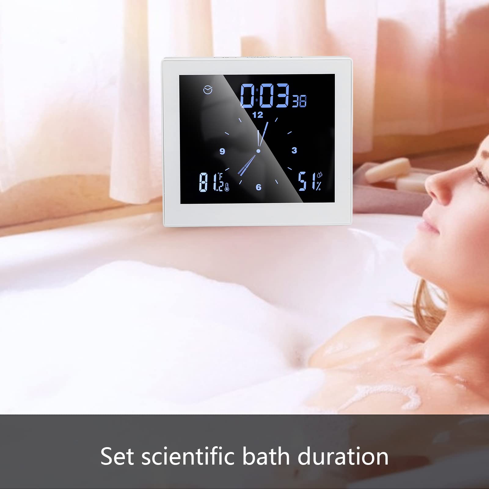 Alvinlite Shower Clock Waterproof,Digital Bathroom Clock with Alarm Indoor Temperature Humicity,Large Lcd Display Kitchen Wall Timer Touch Screen, Countdown Timer,Suction Cup Hanging Hole Stand(White)