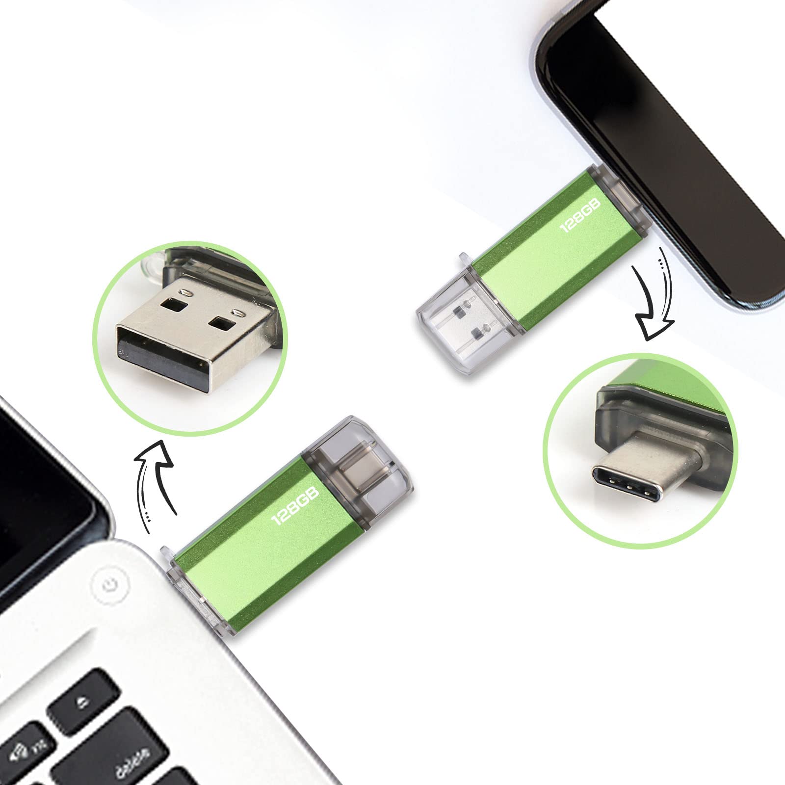 Chiavetta USB Tipo C 128GB, 2 en 1 Pendrive USB 2.0 128 GB Mini USB C Flash Drive Penna USB 128 GB per PC/Tablet/Laptop/Smartphone con Tipo C (Verde)