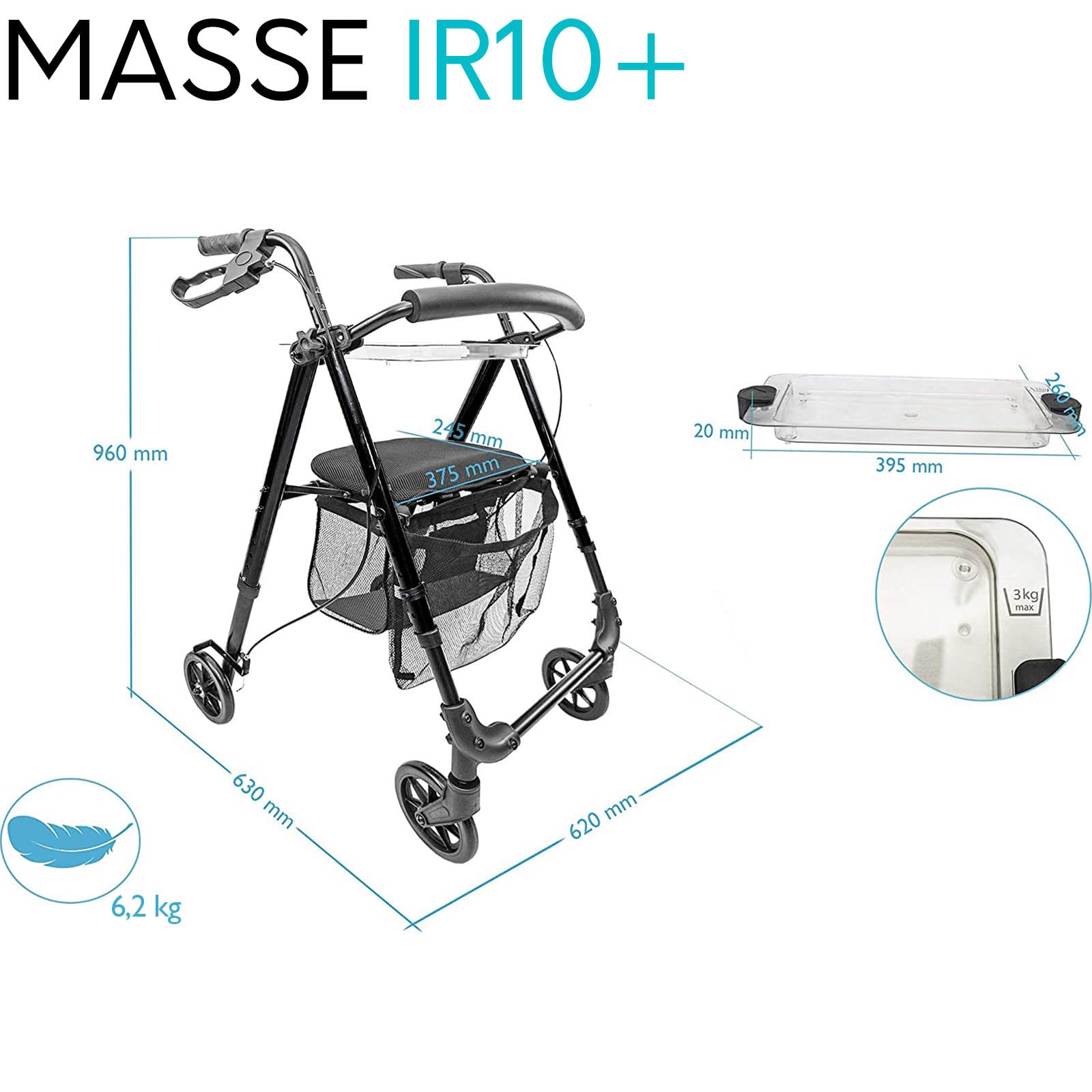 Indoor Rollator IR10+ Schwarz - schmaler Wohnungsrollator leicht & faltbar | kompaktes Leichtgewicht - Sitz & Griff höhenverstellbar - Gehilfe Gehwagen für Senioren mit Rückengurt Netztasche Tablett