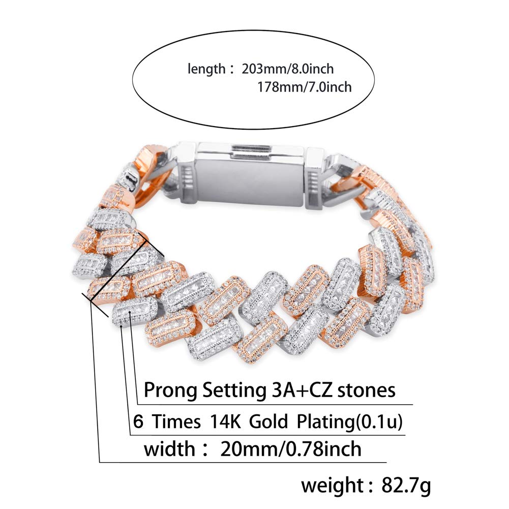 JINAO 20MM 6-Times Gold Plated Cuban Link Bracelet - Iced Out With CZ Stones, Hip Hop Jewelry For Men