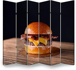 Room Divider Panel Folding Privacy Screen Delicious Beef Burger Bacon Cheddar Cheese Wooden Table Dark Wood Partition Wall Panels Freestanding Screen Dividers for Room Separation