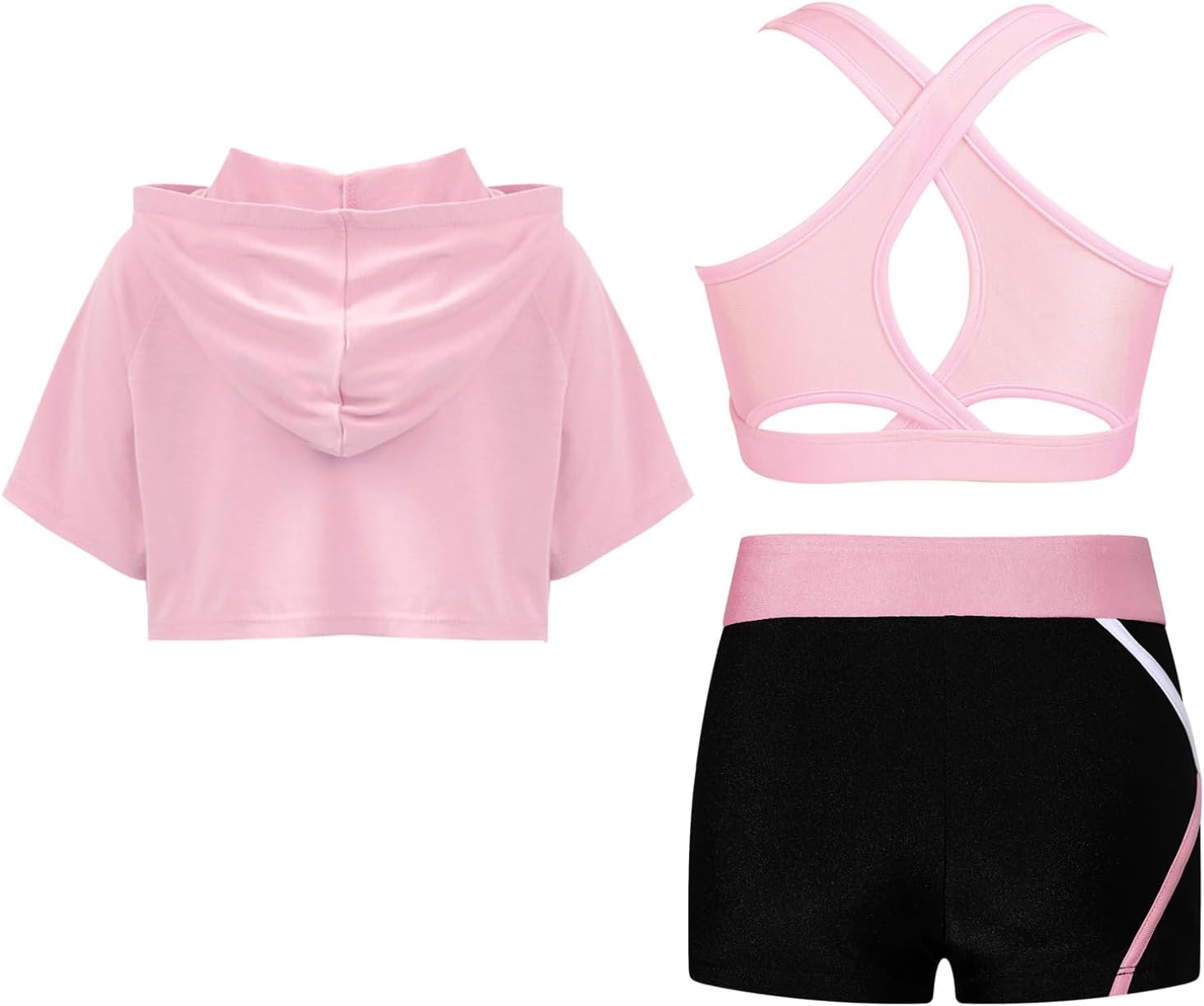 FEESHOW Kids Girls 3Pcs Gymnastics Outfits Short Hoodie Sweatshirt Crop Top with Dance Shorts Set Tracksuit