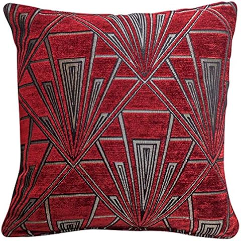 Art Deco Cushion Cover. Double Sided Luxury Velvet Chenille. Red Silver Retro Design. 17"x17" Square Pillow. Geometric bold design. 20s and 30s style. Handmade in the UK Cover