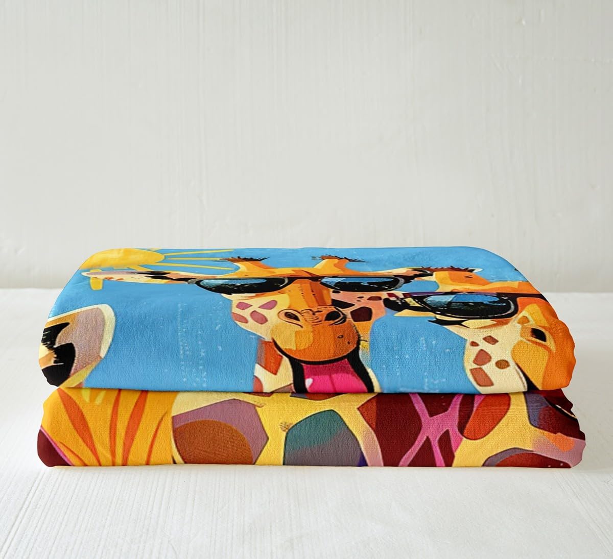 Funny Giraffe Fleece Blanket,African Wild Animal Cool Sunglasses Bed Blanket for Kids Teens,Artwork Blue Sky Sunflower Paint Flannel Blanket for Room Decor,Queen 90"x90"