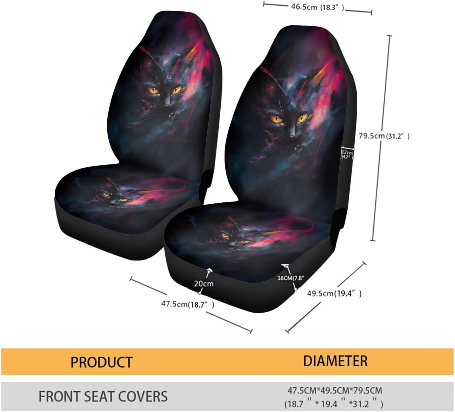 Black Cat Print Vehicle Seat Cover 2 Pcs Auto Interior Seat Covers for Front Breathable Automotive Inteior Decor High Back Bucket Seat Protector Fit Sedan SUVs Truck