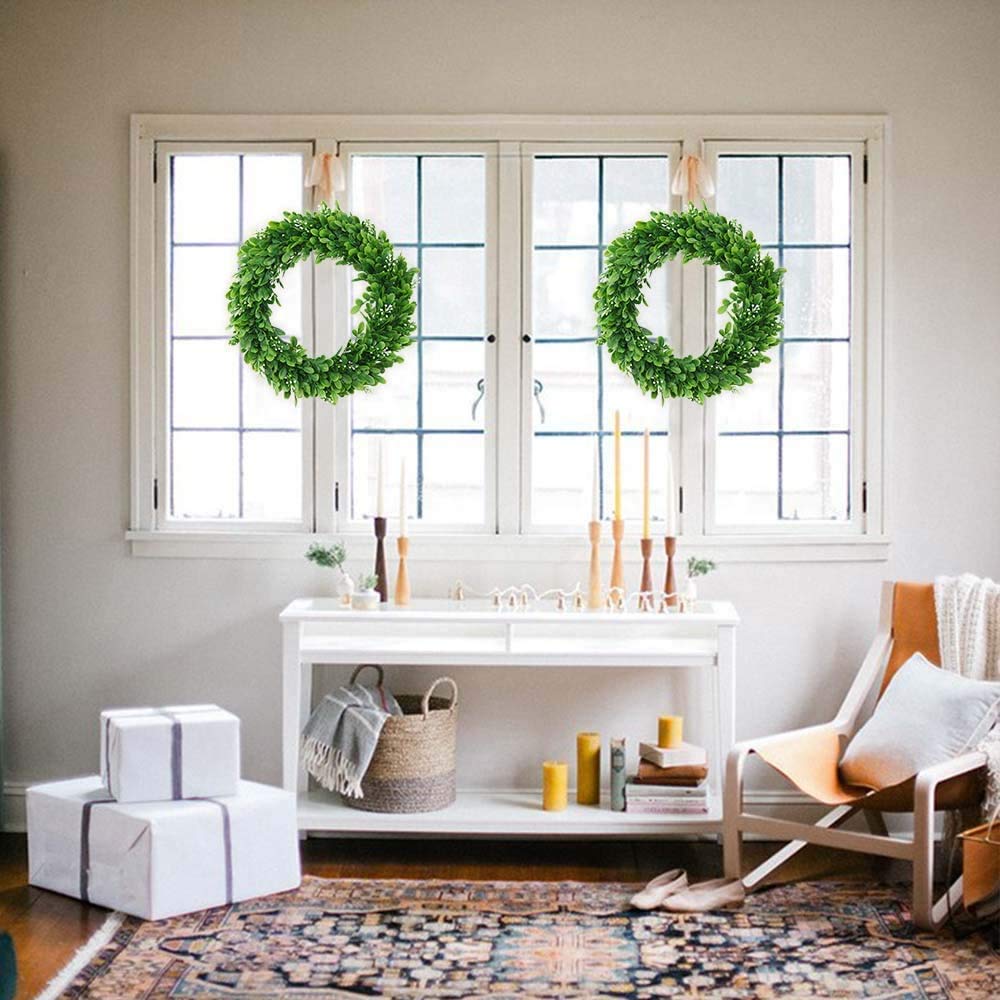 Künstliche Buchsbaumkranz Grüne Blätter Haustür Kranz Im Freien Grünen Kranz für Haustür Hängen Wand Fenster Hochzeit Party Decor (30cm)