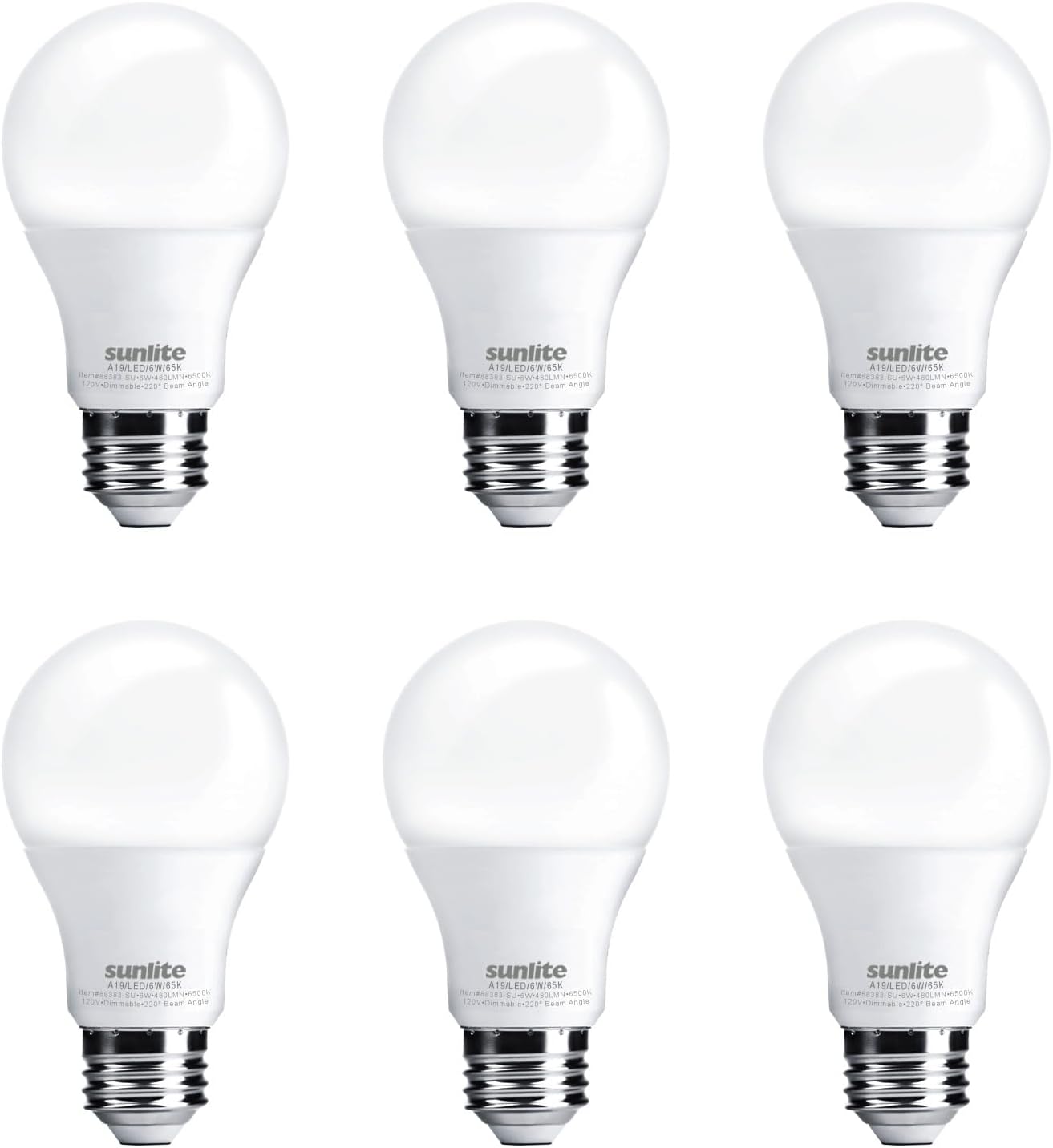 Sunlite LED A19 Light Bulb, 6 Watts (40 Watt Equivalent), 480 Lumens, 120 Volts, Dimmable, Medium E26 Base, UL Listed, RoHS, 6500K Daylight, 6 Pack