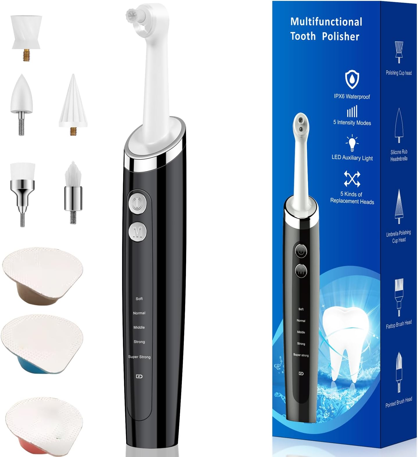 Tooth Polisher, Rechargeable Teeth Polisher for Daily Cleaning, Whitening and Polishing, Electric Dental Teeth Polishing with LED Light, 5 Brush Heads 5 Speed Modes 3 Polish Pastes, Waterproof