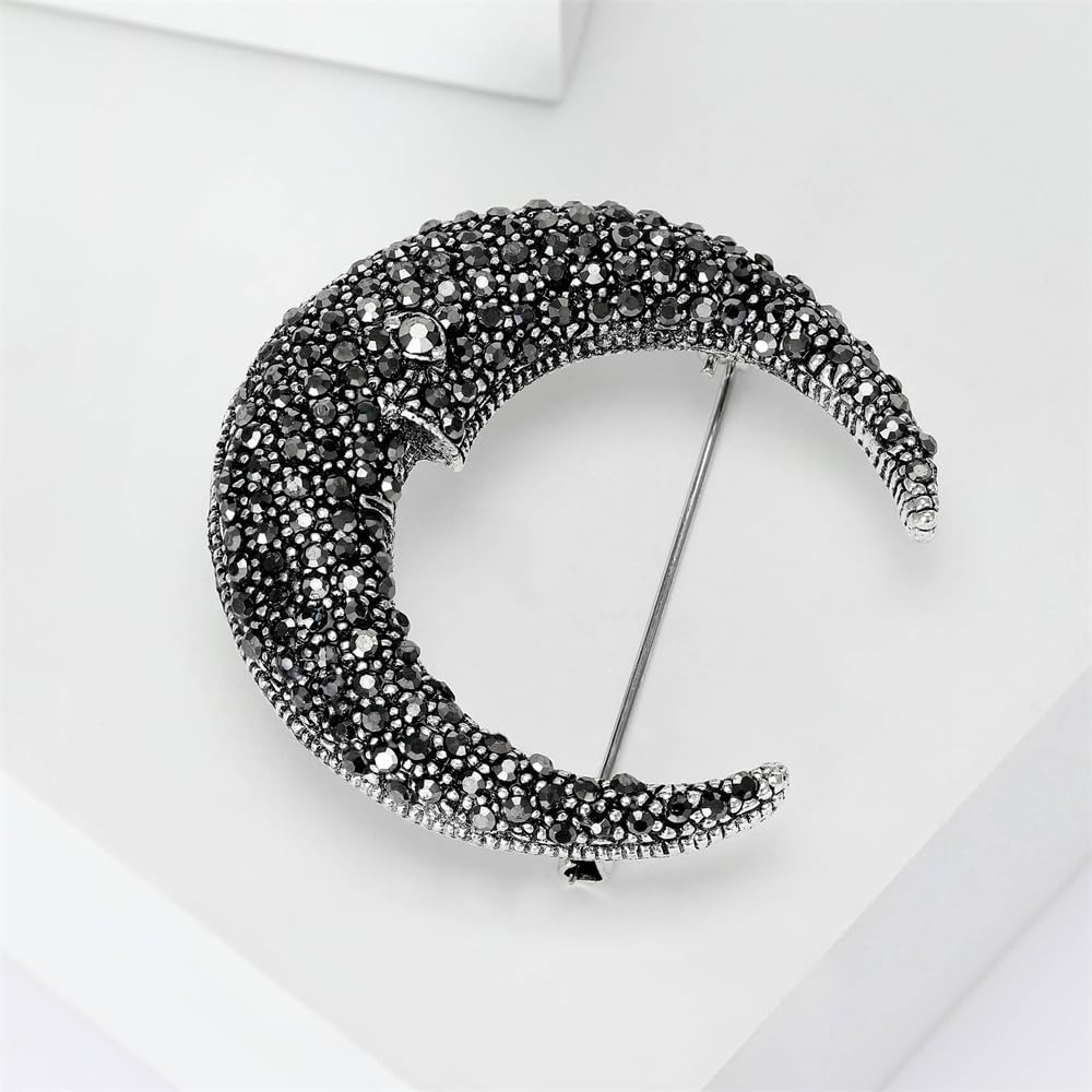 Vintage Rhinestone Moon Brooches Lapel Pins for Women Men Girls Fashion Sparkly Crystal Simple Crescent Cartoon Portrait Brooch Pin for Dresses Suit Hat Bag Jewelry