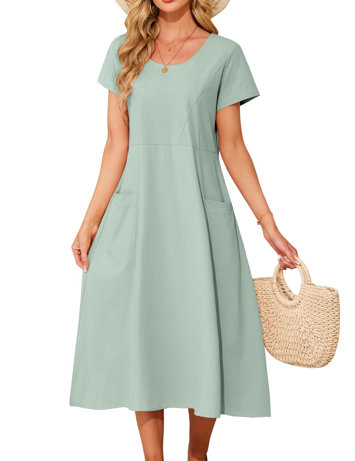 PASUDA Kleid Damen Maxikleider Sommer Kleider Baumwolle Casual Kurzarm Lose Sommerkleid Strandkleider Boho Lang Elegant Rundhalsausschnitt Freizeitkleid mit Taschen