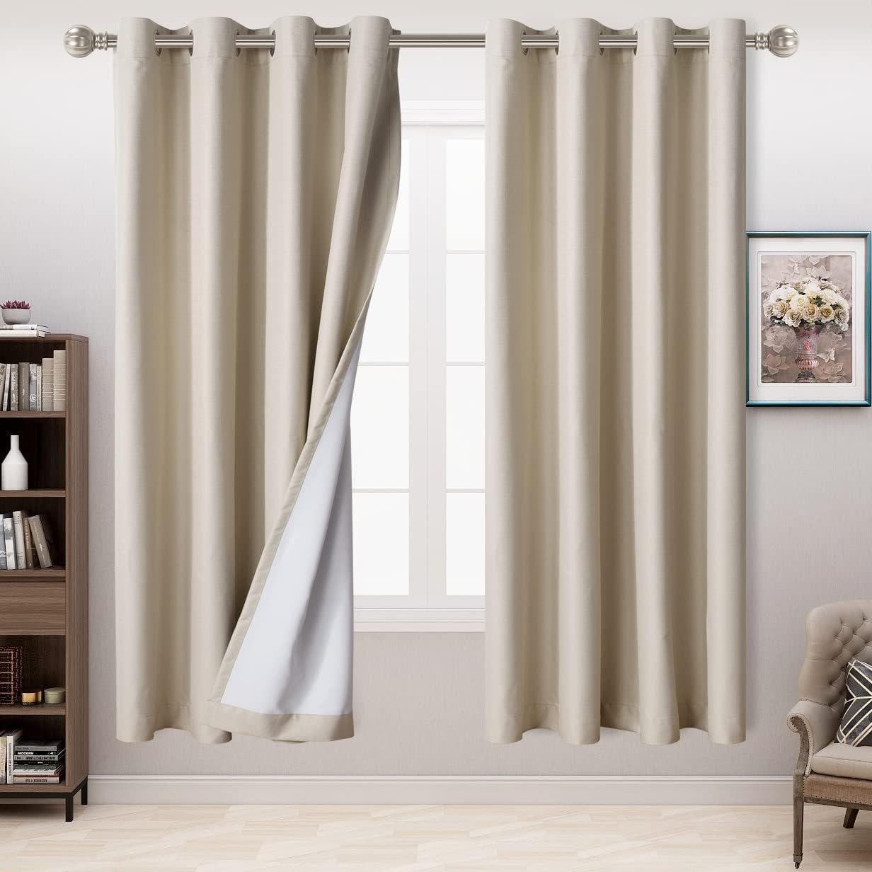 LORDTEX 100% Blackout Curtains for Bedroom - Textured Faux Linen Curtains, Thermal Insulated Sun Light Blocking Grommet Window Drapes for Living Room, Set of 2 Curtain Panels, 52 x 63 Inch, Cream