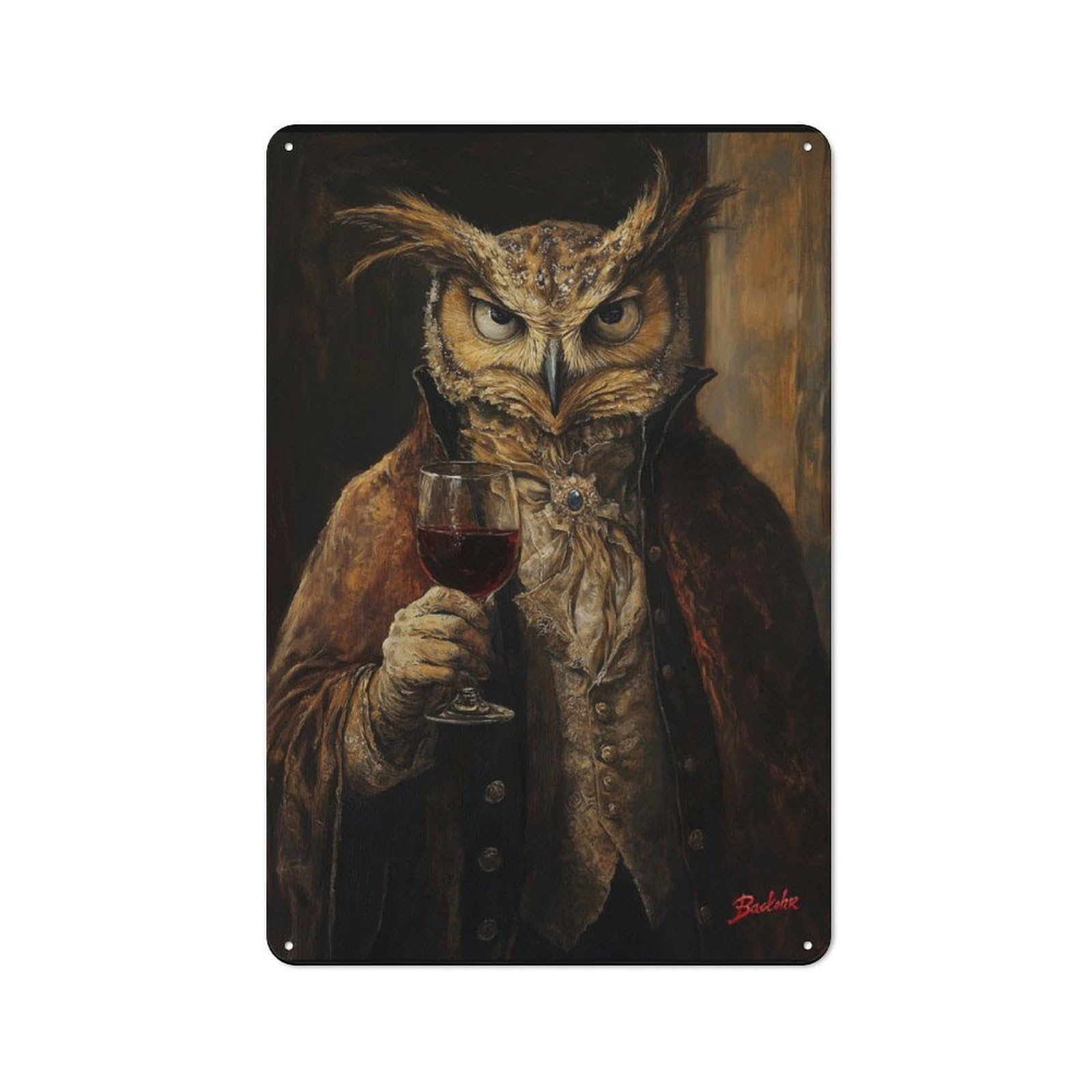 Metal Wall Sign 30x20cm Featuring Owl Gentleman with Wine for Café Or Home Bar, for Metal Sign Collectors, for Garage And Workshop Walls