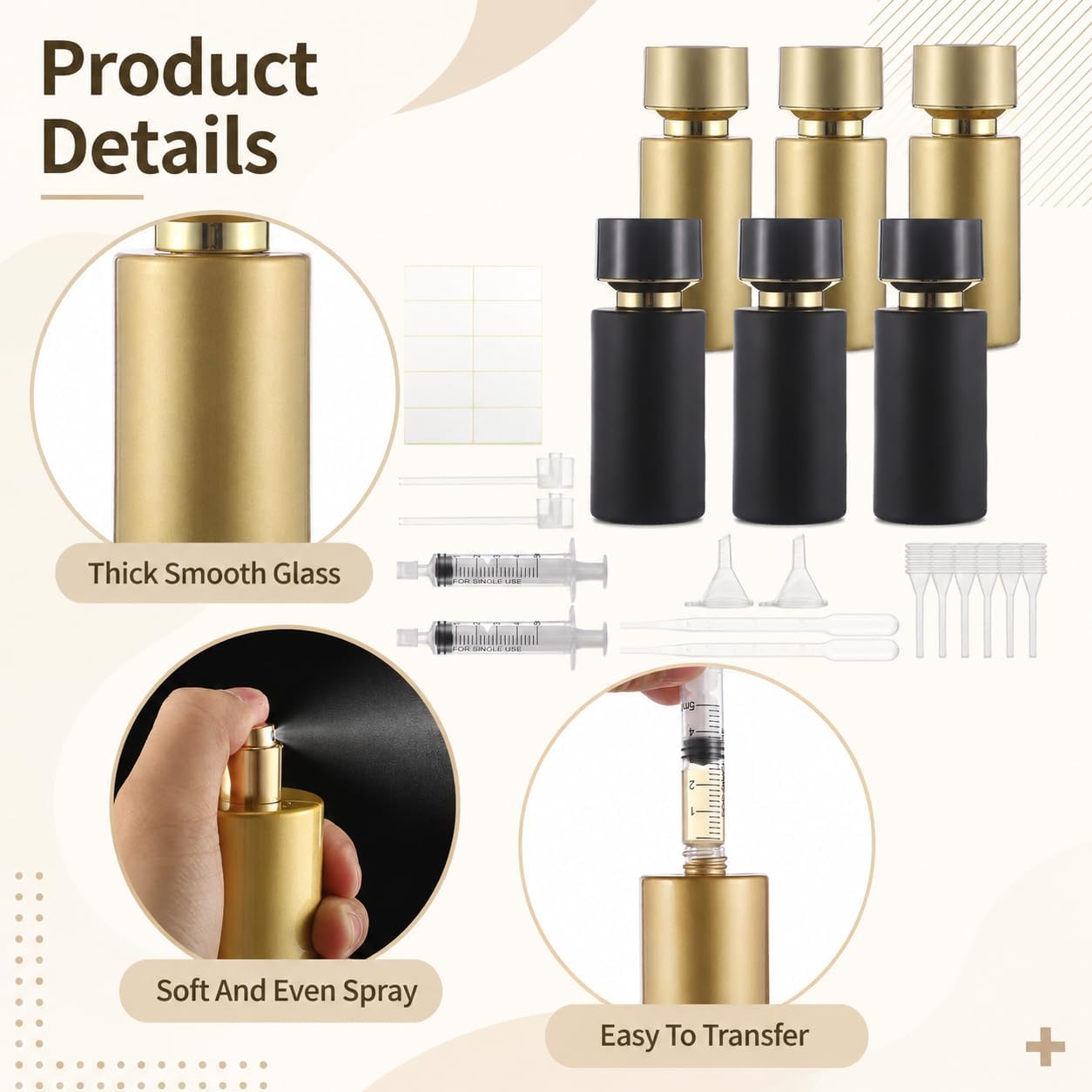 6PCS Glass Perfume Bottles, 50 ml Travel Refillable Atomizers Tools Set