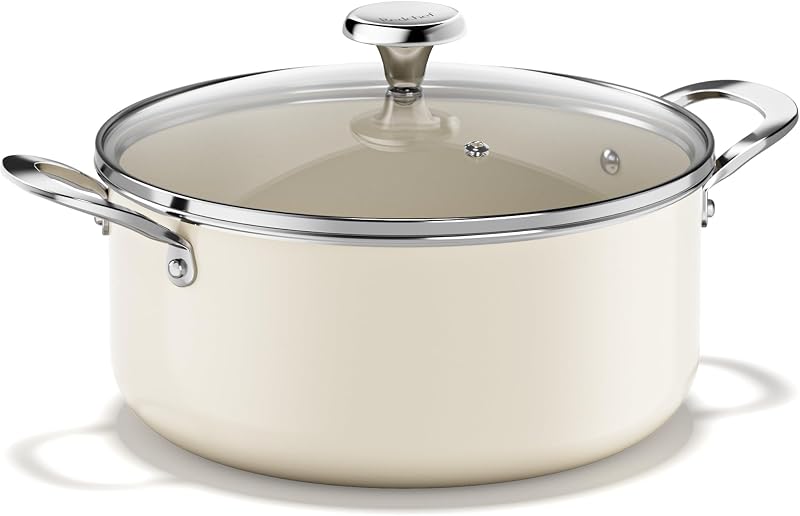 Redchef Ceramic Stock Pot with Lid, Soup Pot for All Stoves, 5 Qt Induction Cooking Pot for Soup Nonstick, Even Heating, Stay-Cool Handles, Oven/Dishwasher Safe, PTFE PFAS Free (Beige)