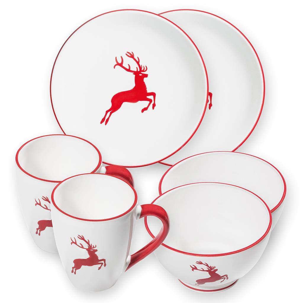 GMUNDNER KERAMIK Hüttenfrühstück Cup für 2 Geschirrset 6-teilig Rubinroter Hirsch Geschirr, handgemacht in Österreich