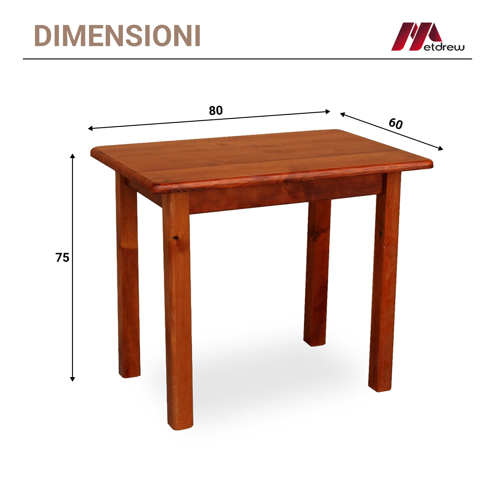 Tavolo da Pranzo in Legno 80x60 cm - Tavolo Cucina per 2 Persone - Tavolo Piccolo - Stile Rustico - Pino - Piano con Angoli Arrotondati - Calvados