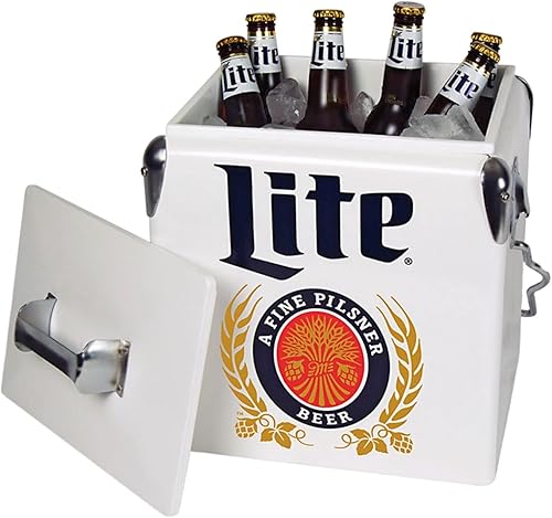 Miniatura 2 de Miller Light - Hielera retro para 18 latas, cubo de hielo portátil con abridor de botellas, estilo vintage, aislado para campamento, playa, picnic,
