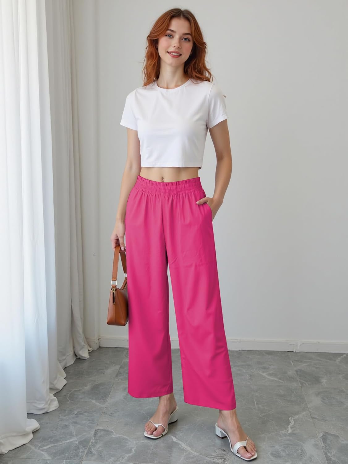 Women's Elastic Waist Wide Leg Lounge Pants - High Waisted Casual Long Pants with Pocket | Soft Palazzo Trousers - Image 3