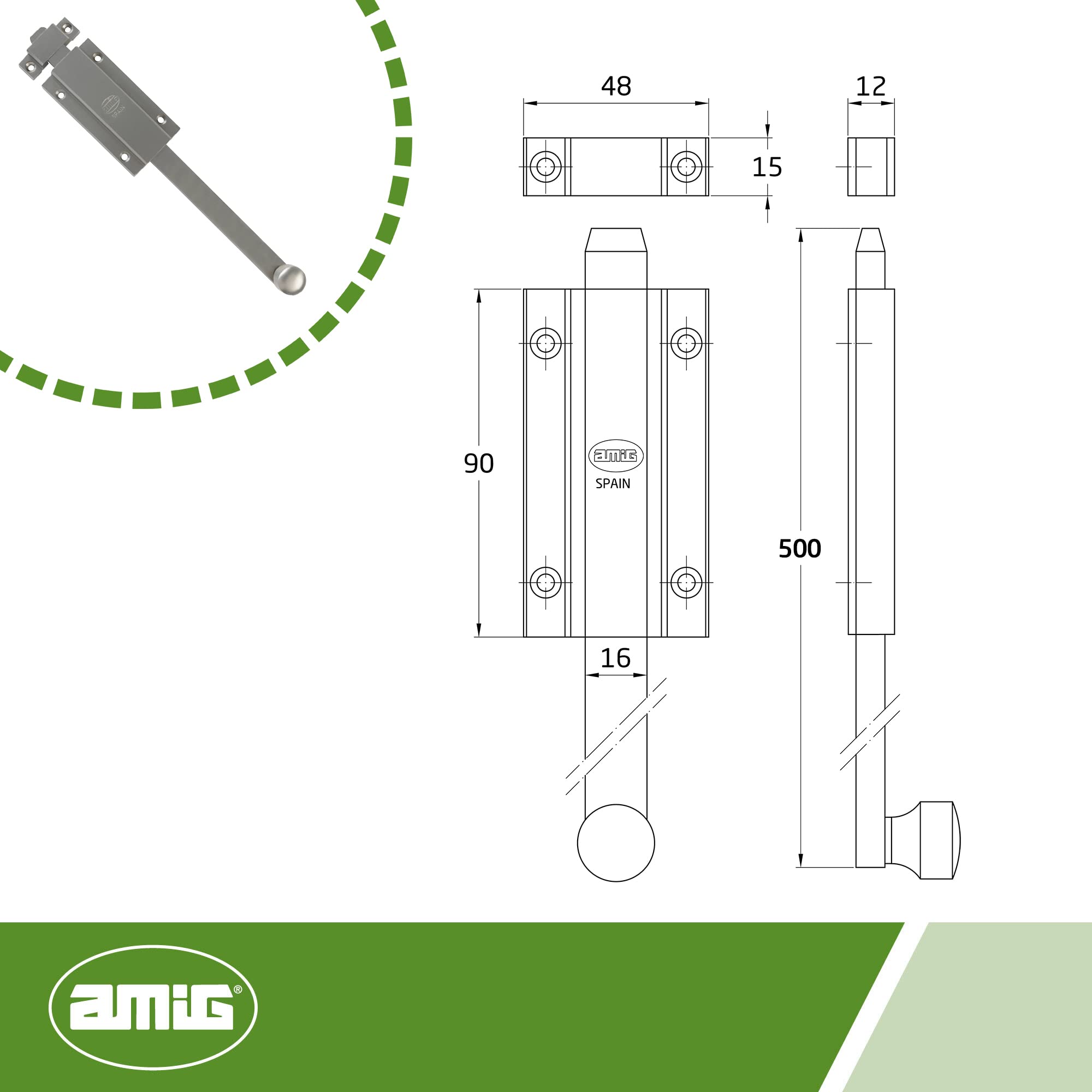 Amig - Loquet 3700 | Verrou à Plaque pour Portes | Design Moderne, Installation Facile | Laiton Durable, Vis Incluses | Utilisation Polyvalente, Chromé Mat, 500 mm