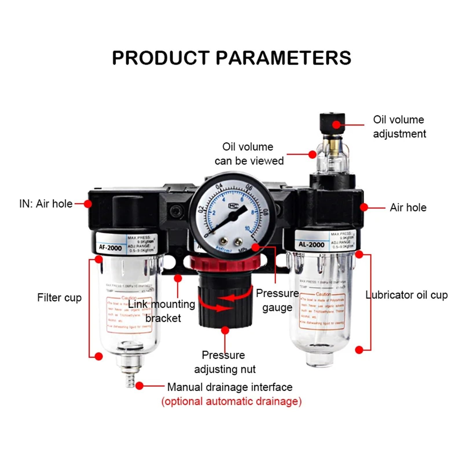 AC2000-2.25 pulgadas regulador de presión medidor compresor de aire filtro separador de humedad aceite para deshumidificador de agua (accesorios de 8 mm)