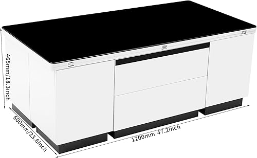 Miniatura 10 de Mesa de centro moderna con 2 cajones de almacenamiento y estantes de exhibición, mesa de cóctel rectangular con luces LED de 16 colores, ideal para