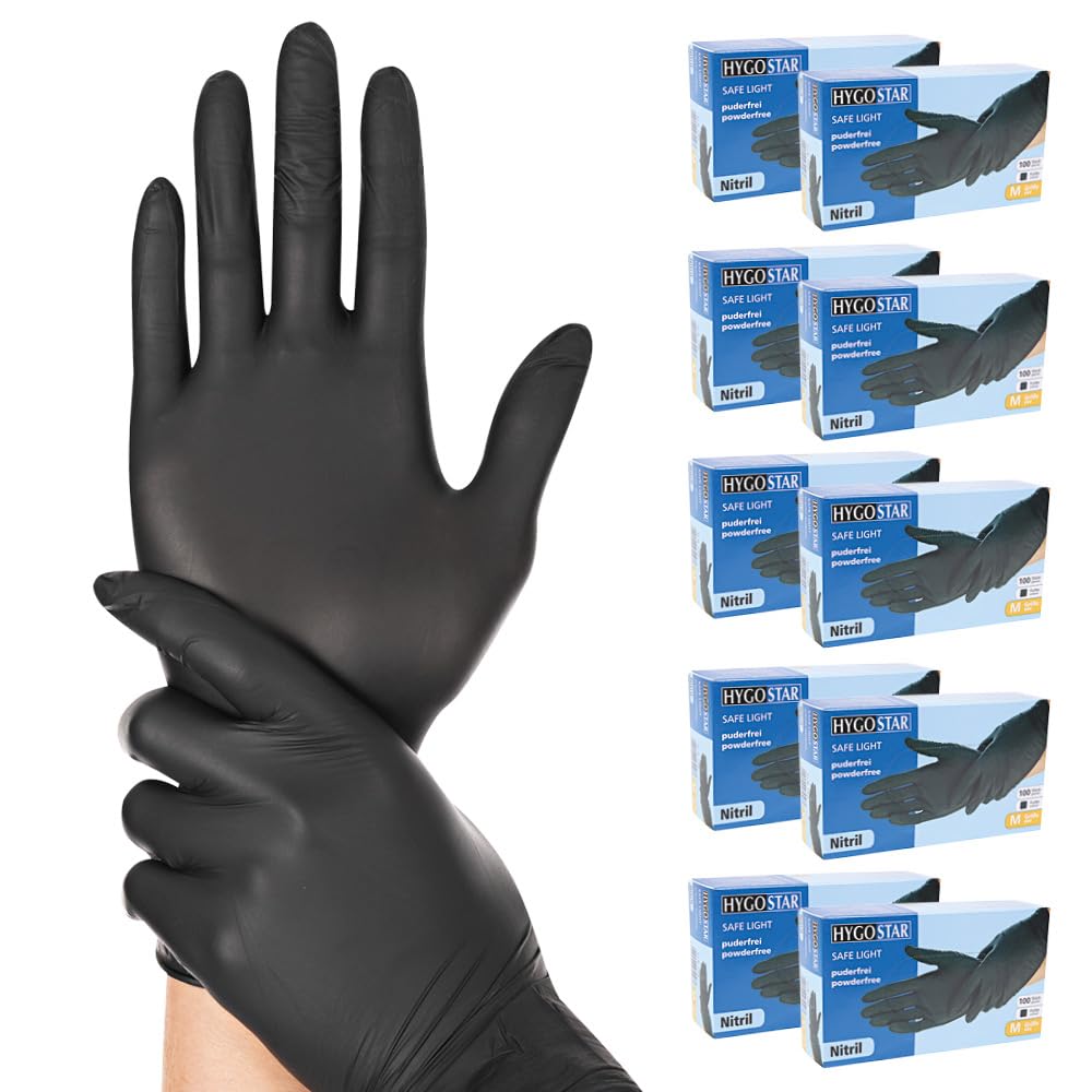 FRANZ MENSCH 1000 Stück, Nitrilhandschuhe, M, schwarz, Nitril, puderfrei | Safe Light, 24 cm, Karton, latexfrei, Einweghandschuhe, Einmalhandschuhe, disposable gloves, Hygiene, Pflege, Reinigung