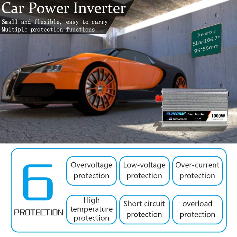 Onduleur De Voiture 1000W, Onduleur Solaire, Convertisseur De Pur Sinus Tension CC 12V / 24V à CA 110V / 220V avec Port USB pour Connexion Directe à La Batterie De Voiture,12V-220V