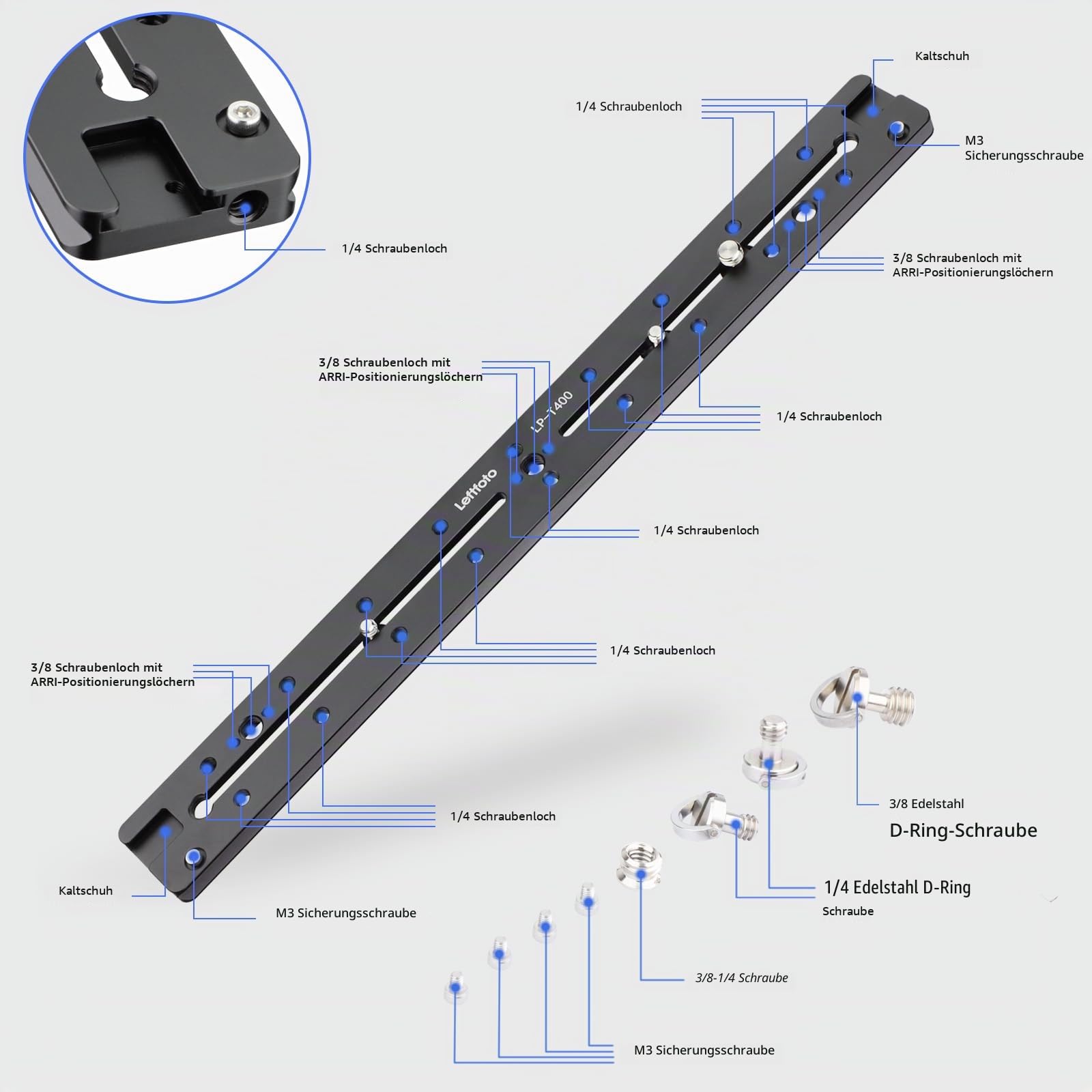 LEFTFOTO 400 mm verlängerte Schnellspanner-Doppelschwalbenschwanz-Schiene, Universal-QR-Platte, ARRI-Positionierungsloch, 1/4-Zoll- und 3/8-Zoll-Gewinde, Kaltschuh
