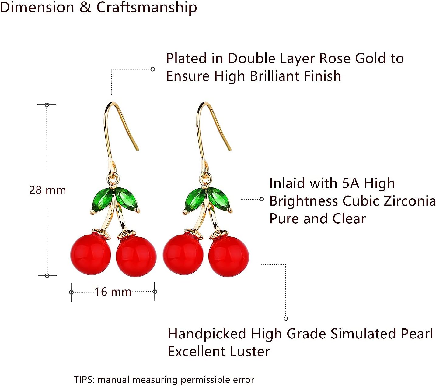VONSSY Cherry Earrings | Simulated Gemstones Drop Dangle Red Earrings | Stylish Platinum/Rose Gold Leverback Cherry Crystal Stud | Shell Pearl Earrings | Cherry Jewelry Gift for Lovers