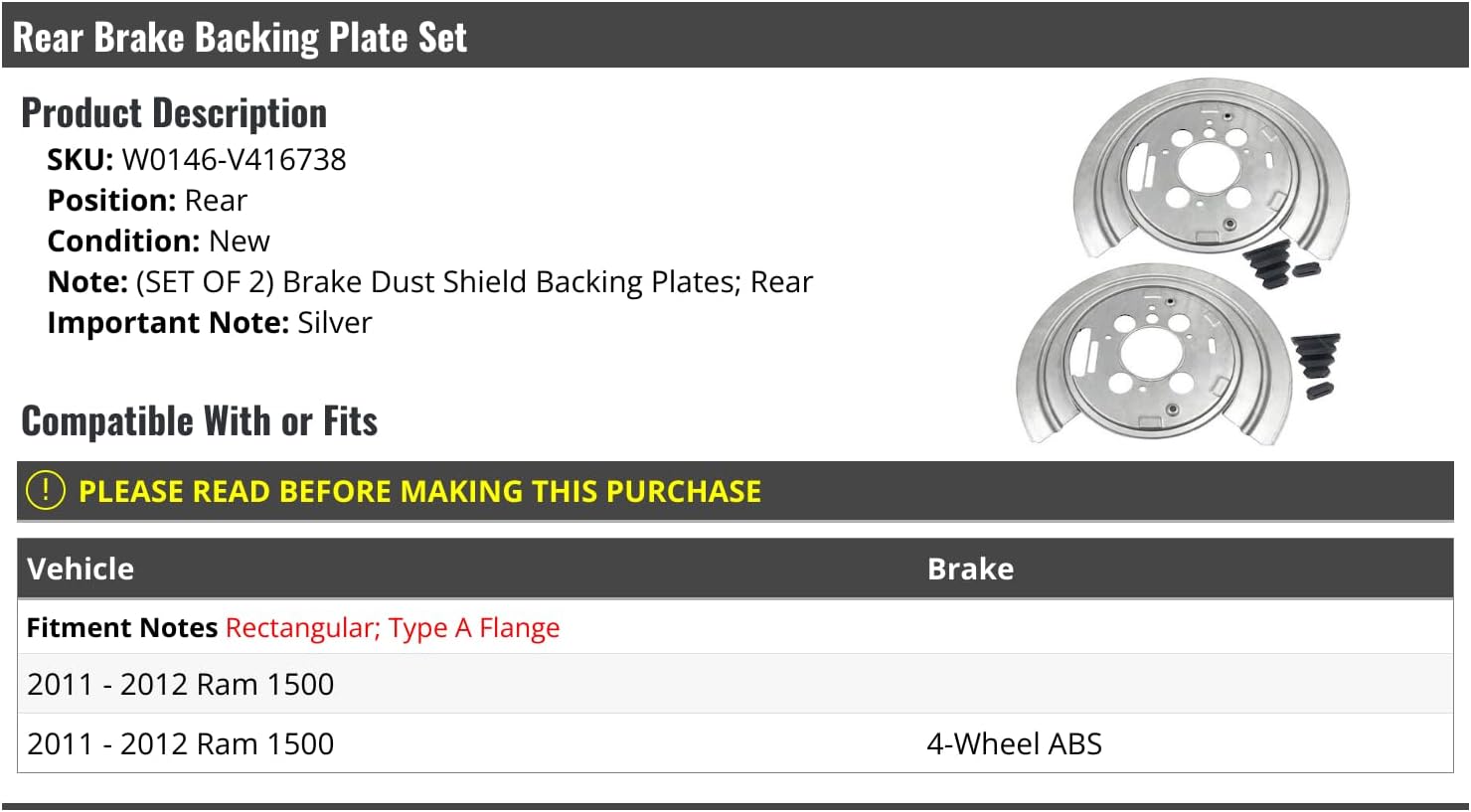 Rear Brake Dust Shield Backing Plates Set of 2 - Compatible with 2011-2012 Ram 1500